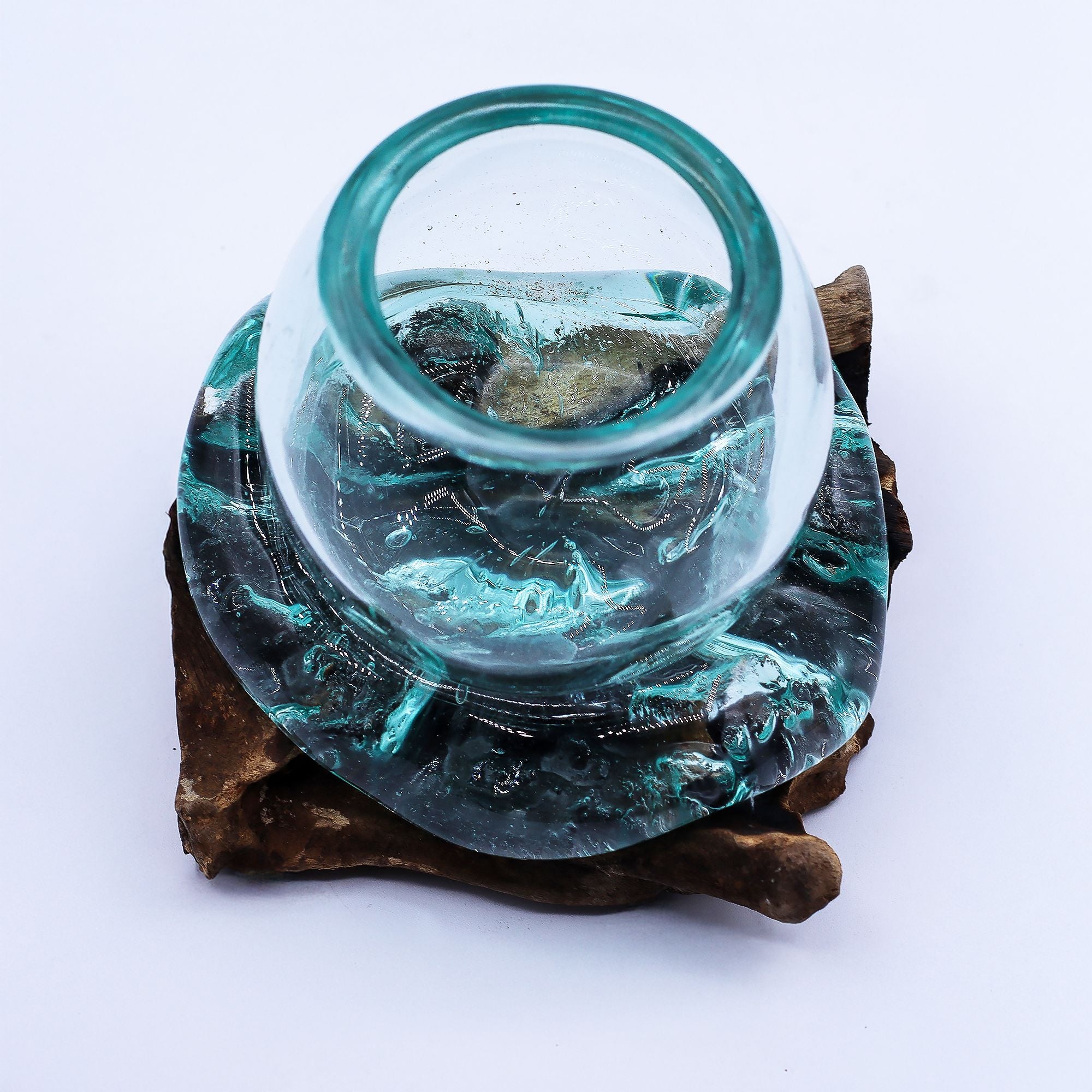 Molten Glass Mini Goldfish Bowl on Wood 20cm