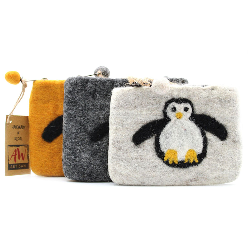 Natural Felt Zipper Pouch (asst) - Cute Penguin