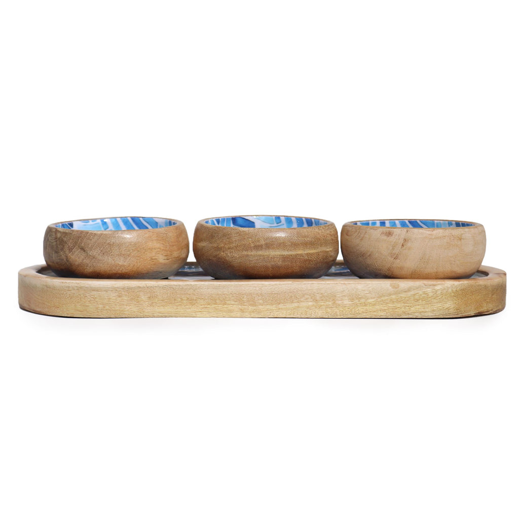 Mango Wood Tray with 3 Bowls - Blue Stripes