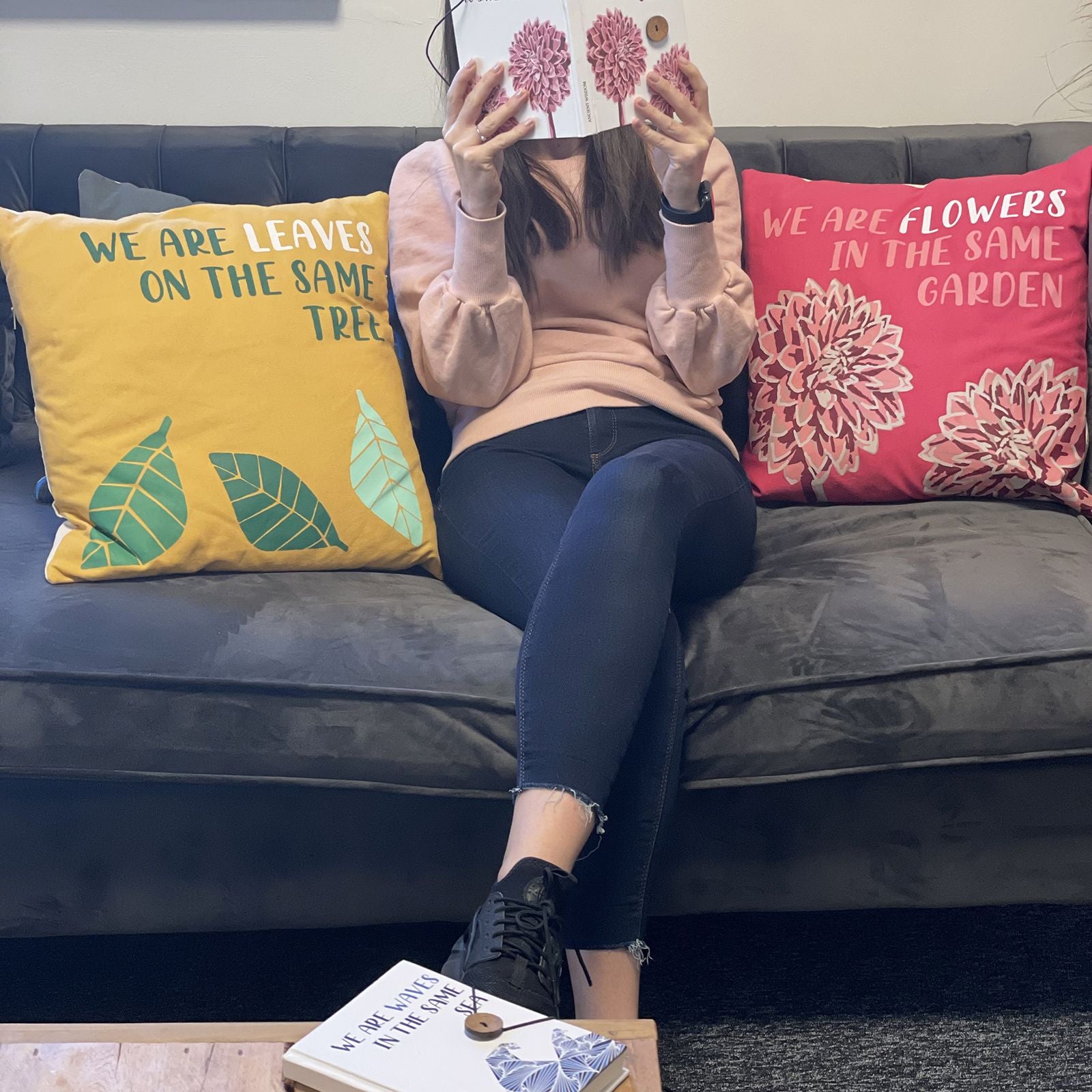 Printed Cotton Cushion Cover - We are Leaves - Yellow, Blue and Natural